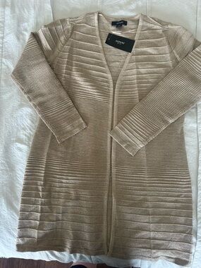 Alfani Open-Front Ribbed Long Cardigan - Taupe with Gold Metallic Thread Detail